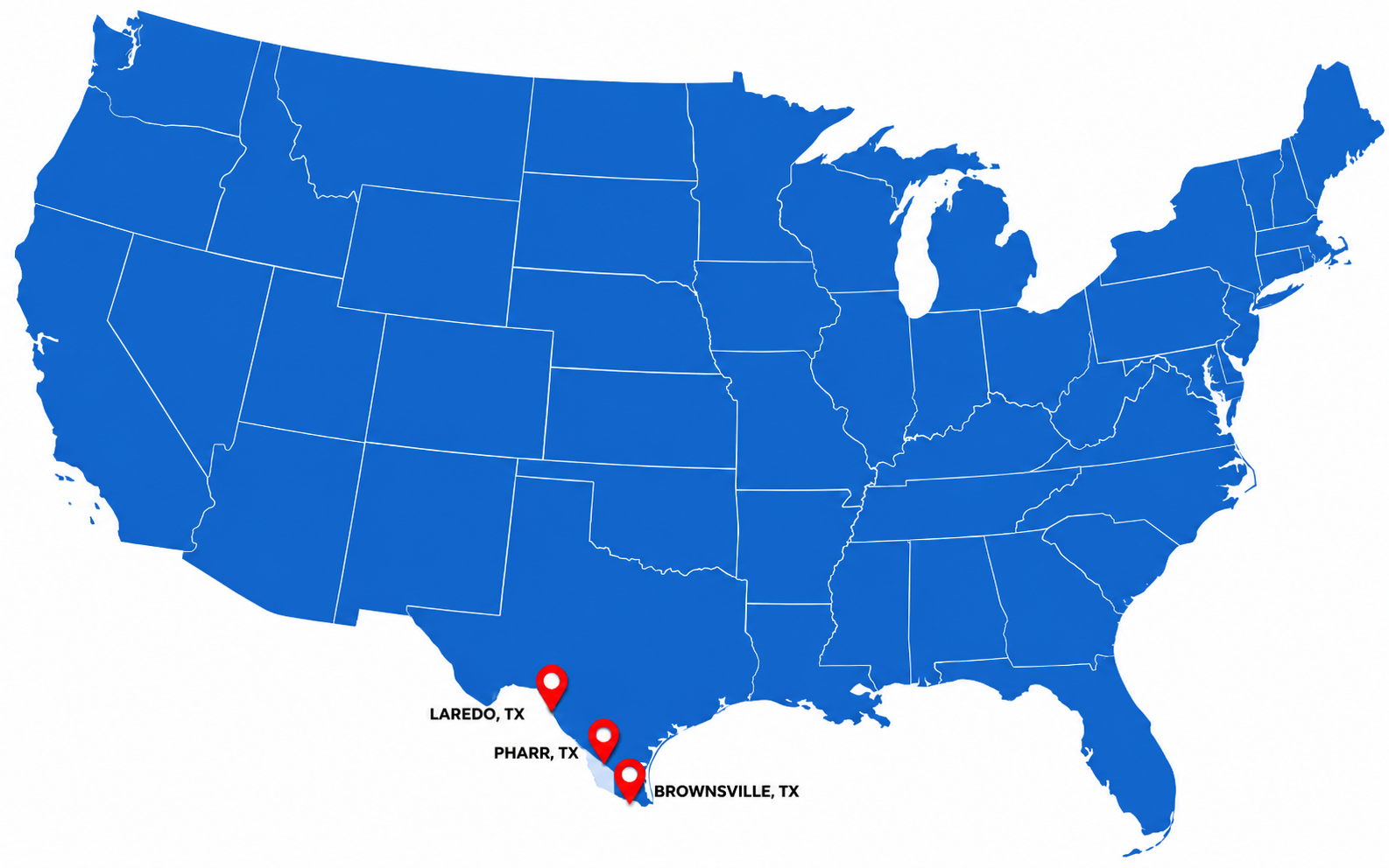 Mapa de EE. UU. con ubicaciones en Texas